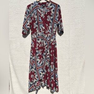 Lulus Burgundy Floral Wrap Midi Dress High Low Hem Boho Romantic Size L